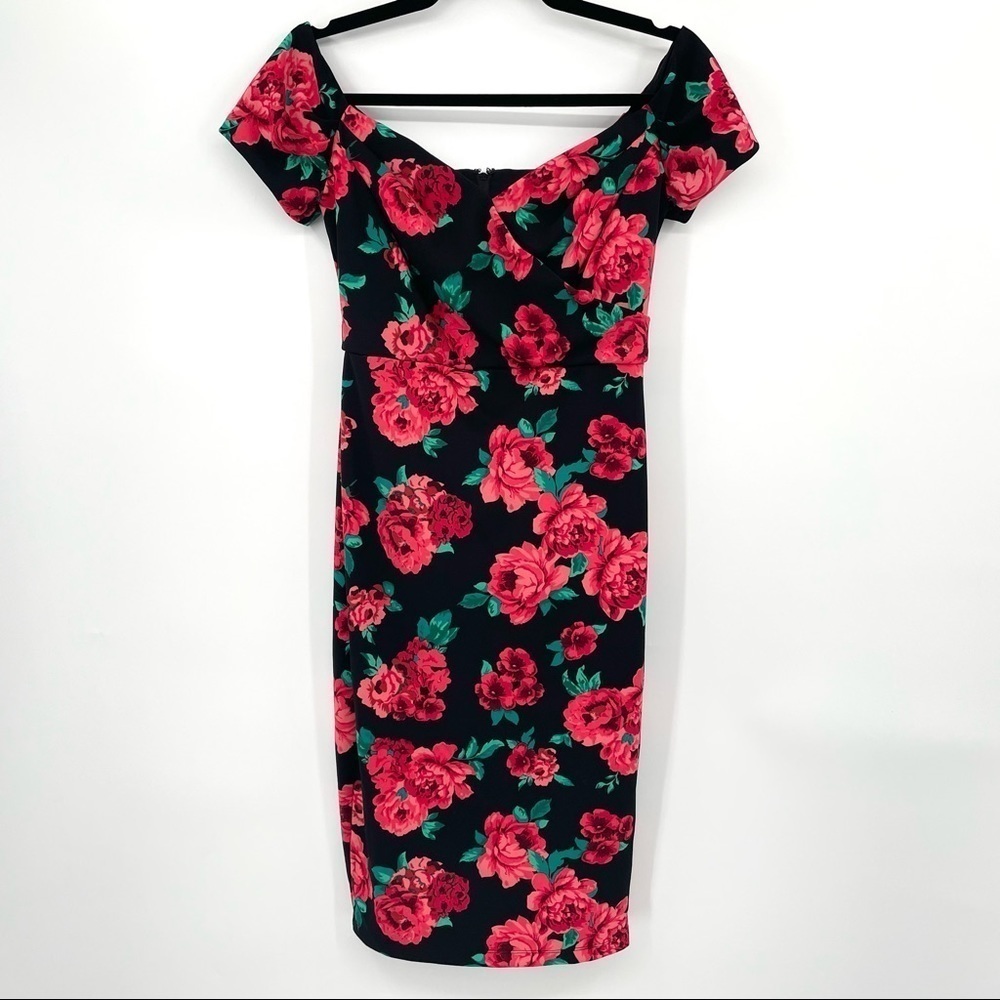 Black & Red Floral Off the Shoulder Floral Dress